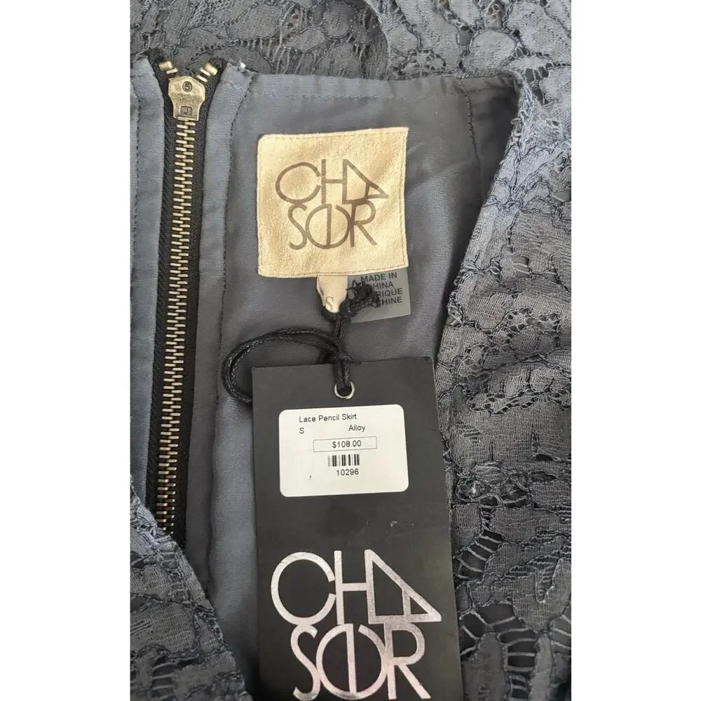 CHASER NWT Gray High Waist Lace Exposed Zipper Lined Mini Pencil Skirt Small - Picture 8 of 16